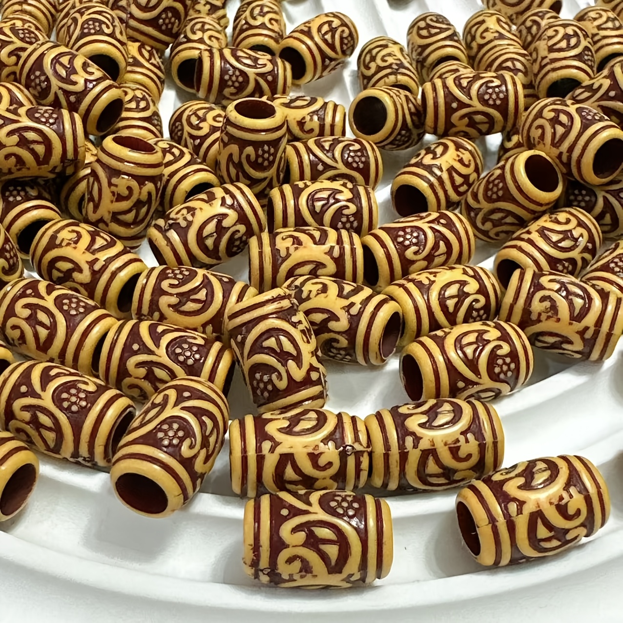 20pcs Bohemian Dark Brown Floral Pattern Barrel Beads for DIY Jewelry Making